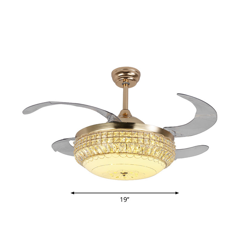 19 "W LED Schlafzimmer Semi Flush Lampe Moderne Gold 4-Blatt-Hängeventilator mit kuppelstrukturierter Glasschatten
