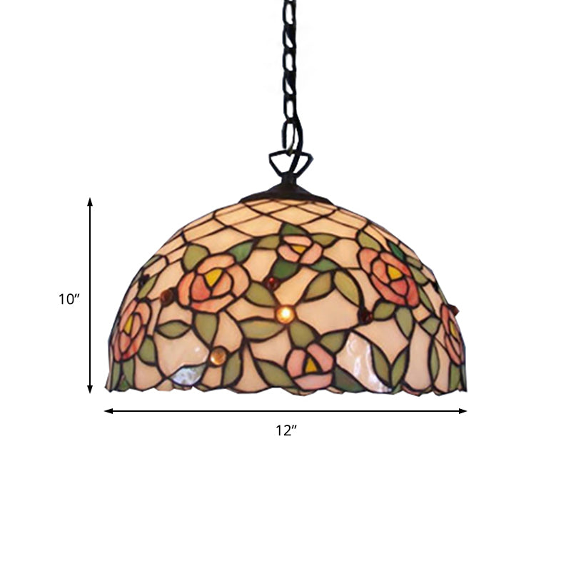 Domed Suspension Lighting 1 Bulb Pink Hand Cut Glass Tiffany-Style Hanging Ceiling Light with Flower Pattern