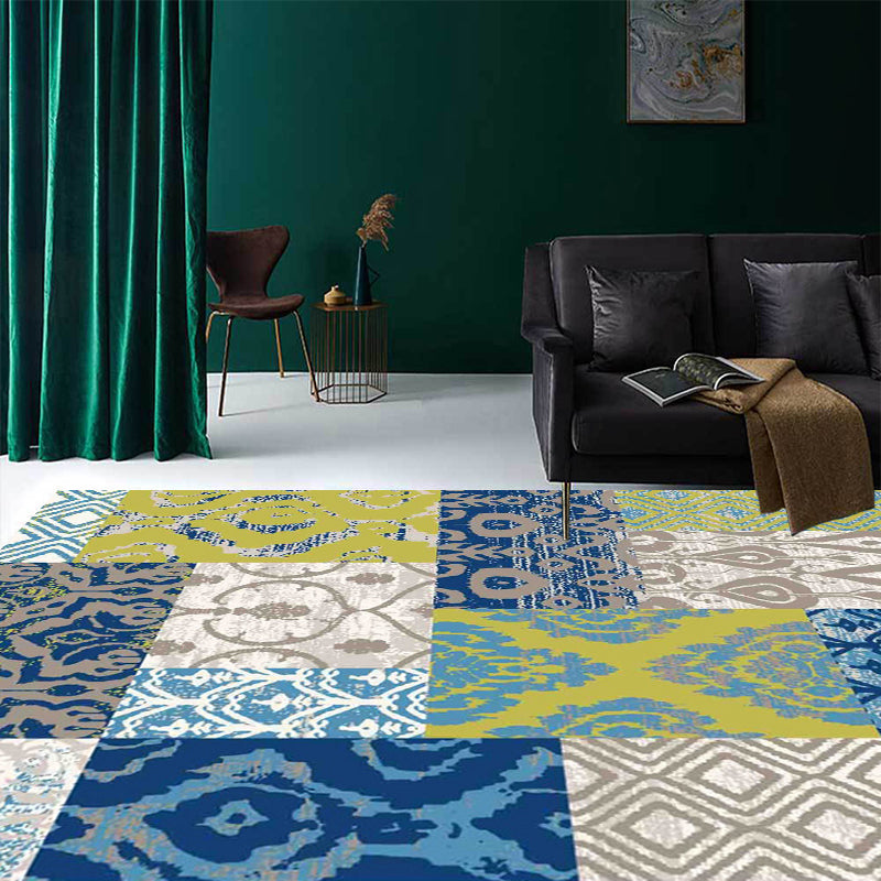 Vintage-Teppich mit Stammesmuster, grüner und blauer Teppich, Polyester, waschbar, haustierfreundlich, rutschfester Teppich für Wohnzimmer