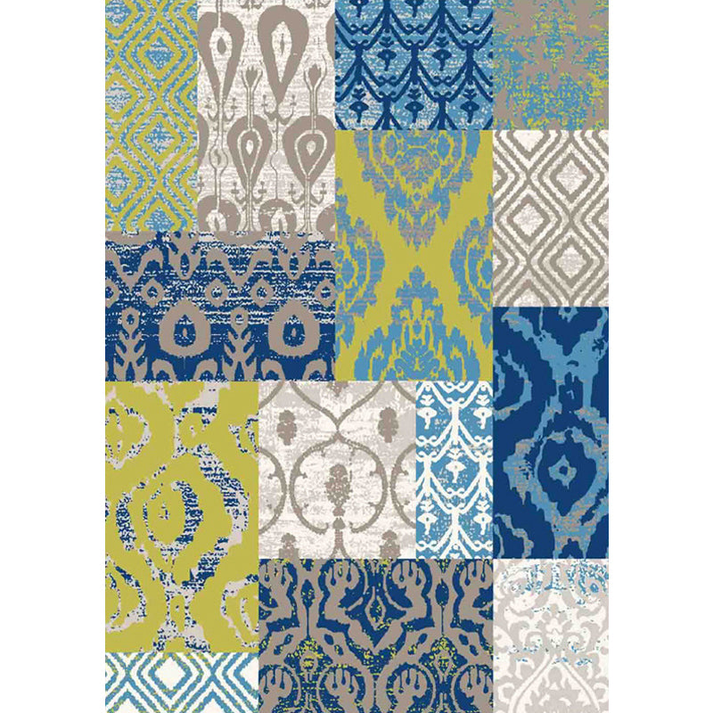 Vintage-Teppich mit Stammesmuster, grüner und blauer Teppich, Polyester, waschbar, haustierfreundlich, rutschfester Teppich für Wohnzimmer