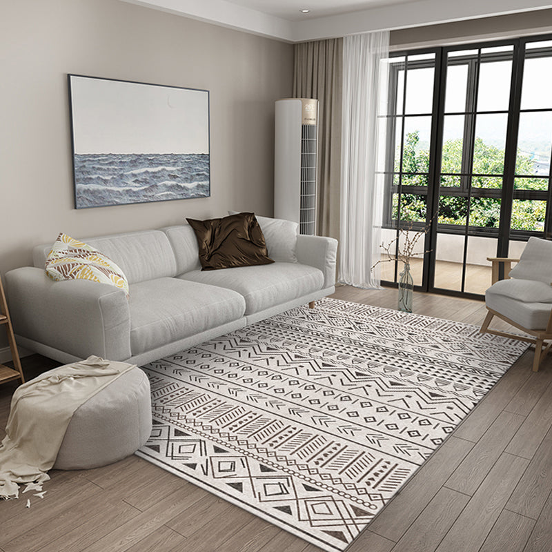 Stylish Tribal Geometric Pattern Rug with Stripe Grey Bohemian Rug Polyester Pet Friendly Non-Slip Backing Washable Area Rug for Living Room