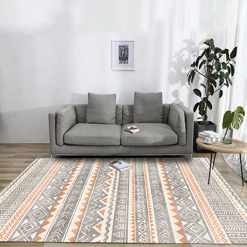 Stylish Tribal Geometric Pattern Rug with Stripe Grey Bohemian Rug Polyester Pet Friendly Non-Slip Backing Washable Area Rug for Living Room