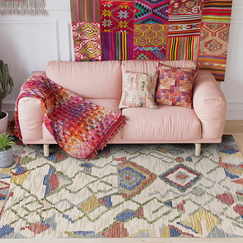 Bohemian Geometric Pattern Rug Multicolor Polyester Rug Machine Washable Non-Slip Backing Area Rug for Living Room