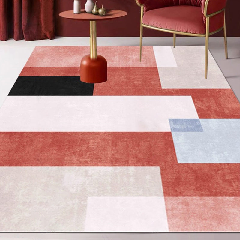 Modern Geometric Pattern Rug with Striped Red Multicolor Polyester Rug Washable Pet Friendly Non-Slip Area Rug for Living Room