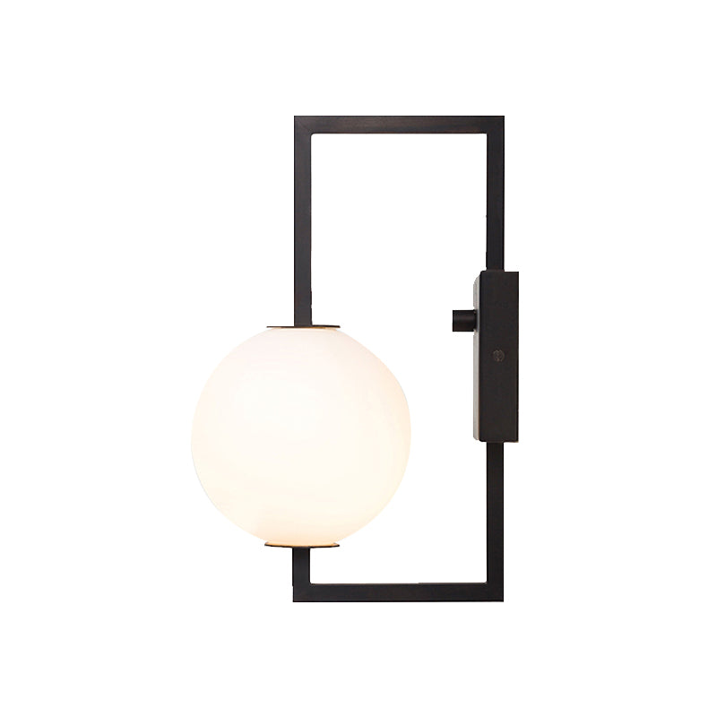 Marco rectangular negro aplique moderno estilo 1 bulbo iluminación de pared de metal con tono de orbe de vidrio blanco