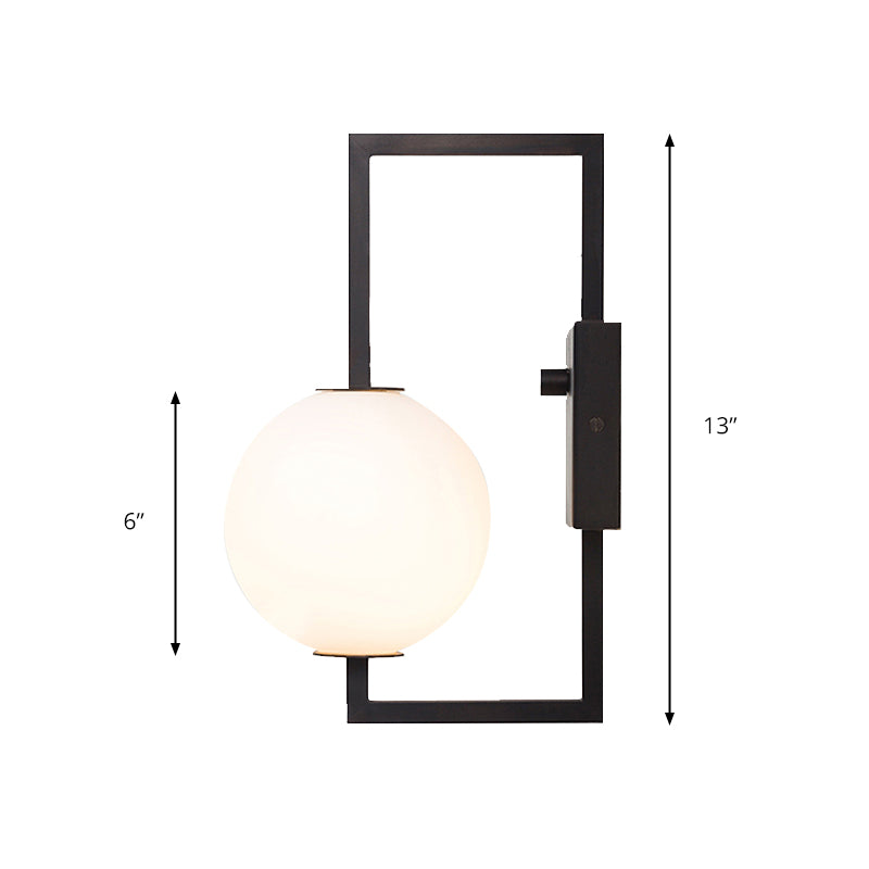Marco rectangular negro aplique moderno estilo 1 bulbo iluminación de pared de metal con tono de orbe de vidrio blanco