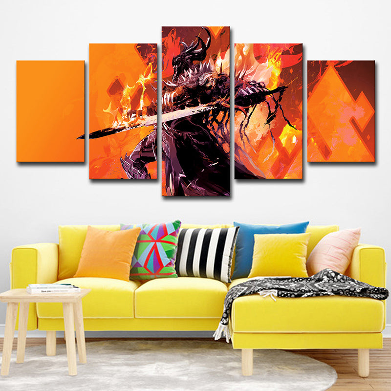 Guild War Game Character Art Print Orange Canvas Wall Decor for Room, Multi-Piece