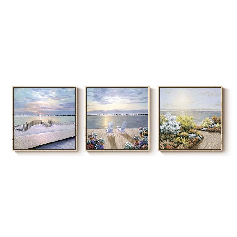 Coastal Balcony Sunrise View Canvas Tropical Textured Wall Art in Light Purple