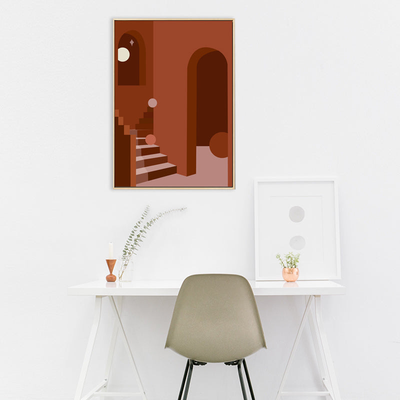 Nordic Style Indoor Staircase Painting in Soft Color Textured Canvas for Dining Room