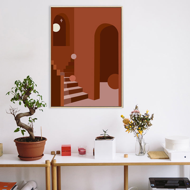 Nordic Style Indoor Staircase Painting in Soft Color Textured Canvas for Dining Room