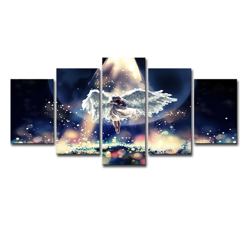 Fantasy Firefly and Angel Canvas Cartoon Multi-Piece Wall Art in Black-Blue
