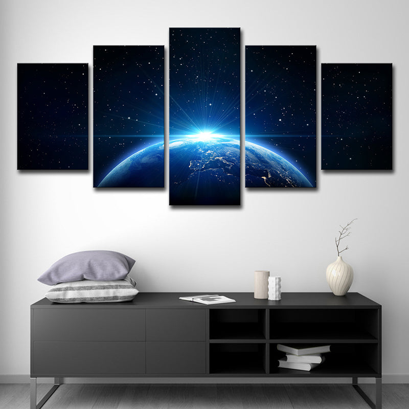 Planet and Starry Sky Canvas Art Science Fiction Multi-Piece Wall Decor in Blue for Kids Room