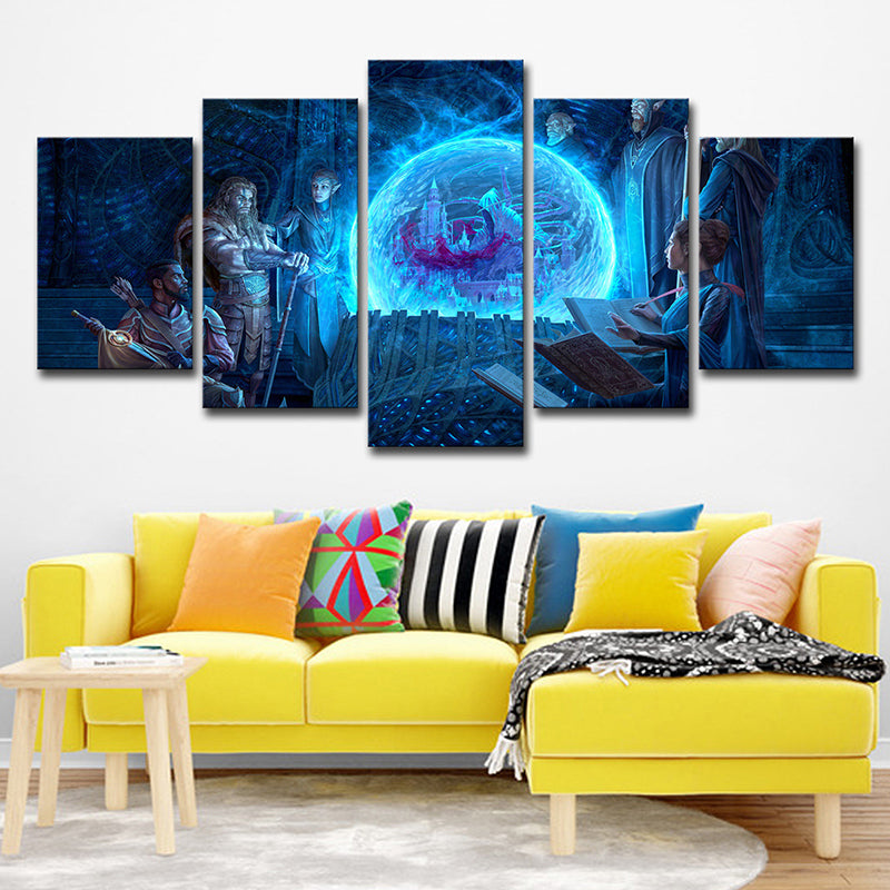 Digital Print Cartoon Canvas Wall Art with the Elder Scrolls Scheming Scene in Blue