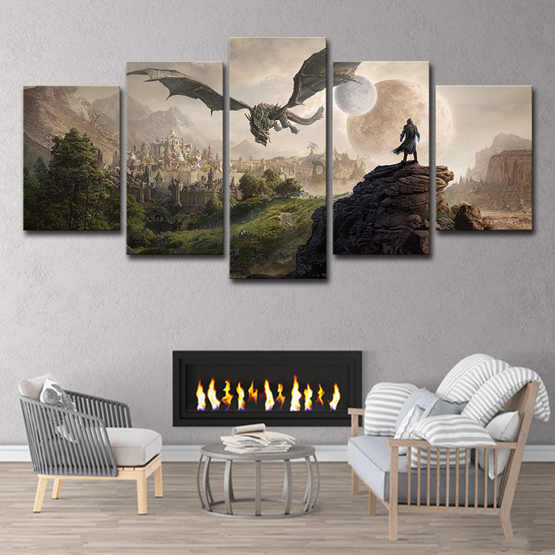 Elder Scrolls Scene Art Print Kids Style Multi-Piece Wall Decor in Brown for Bedroom