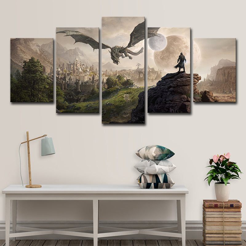 Elder Scrolls Scene Art Print Kids Style Multi-Piece Wall Decor in Brown for Bedroom