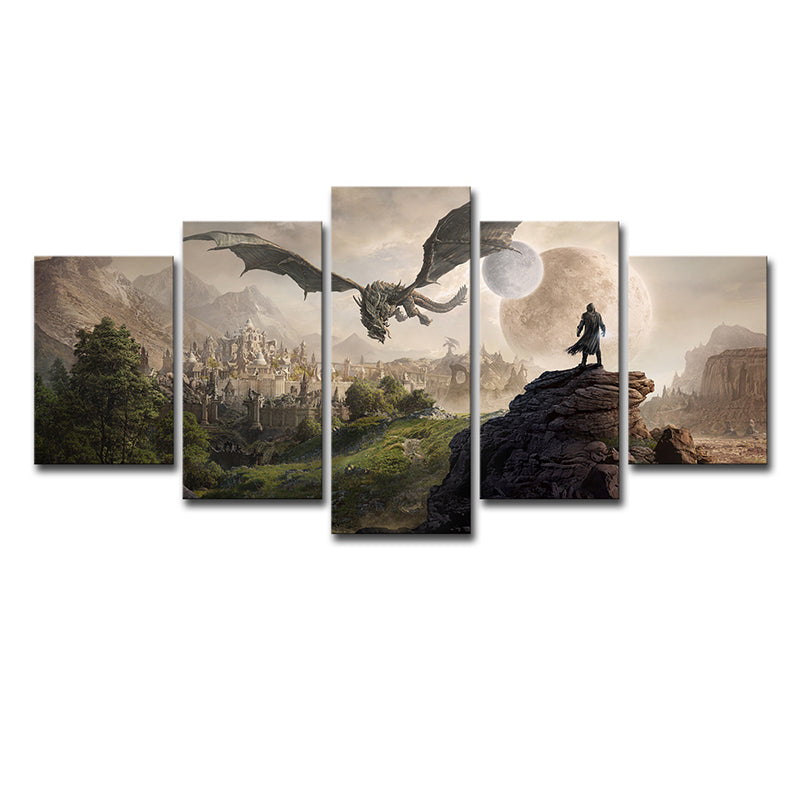 Elder Scrolls Scene Art Print Kids Style Multi-Piece Wall Decor in Brown for Bedroom
