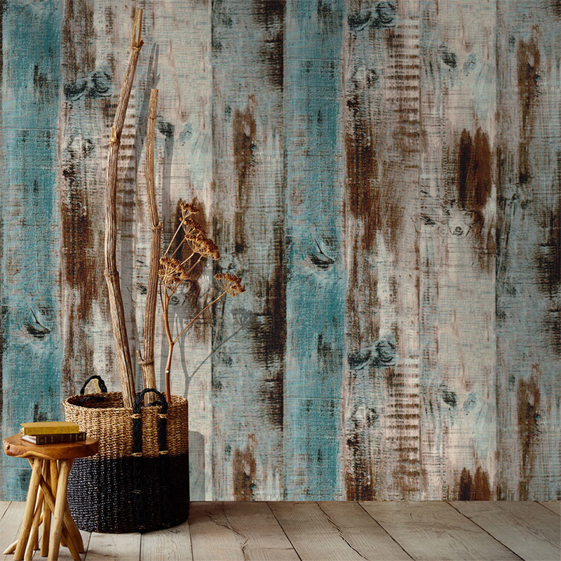 Distressed Wood Wallpaper Roll Brown and Blue Farmhouse Wall Art for Home, Stick On