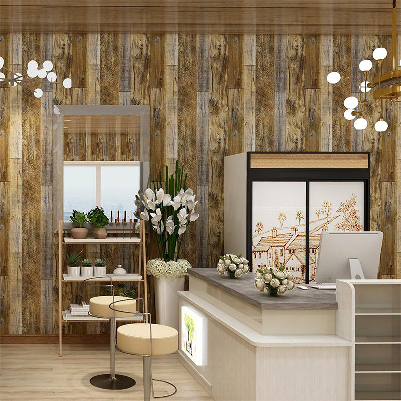Farmhouse Repurposed Wood Wallpaper Brown Office Wall Art in Dark Color, Peel and Paste