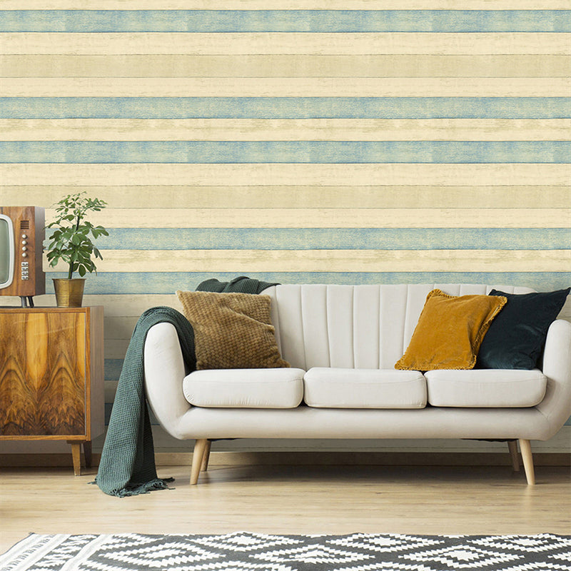 Wood Look Stripes Wallpaper Roll Rustic PVC Adhesive Wall Covering in Yellow-Blue for Room