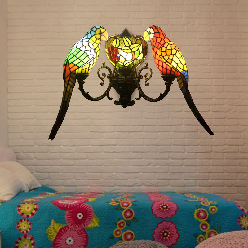 Stained Glass Parrots Wall Lighting 2 Lights Tiffany Rustic Wall Sconce Light with Bowl Shade in Antique Bronze