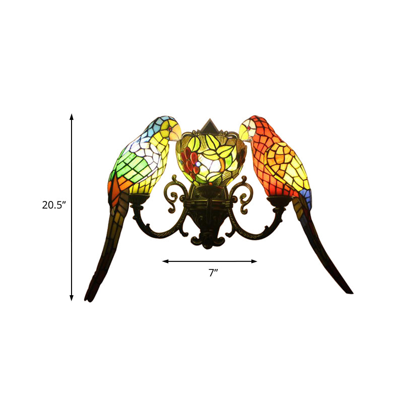 Stained Glass Parrots Wall Lighting 2 Lights Tiffany Rustic Wall Sconce Light with Bowl Shade in Antique Bronze