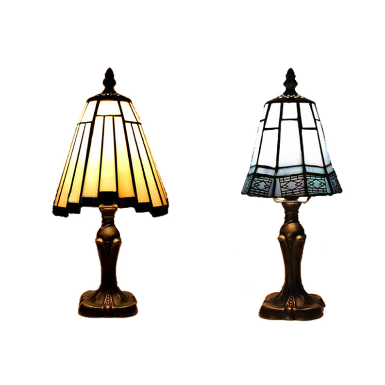 Mission Tiffany Cone Table Lighting Stained Glass 1 Head Standing Table Lamp in Beige/Blue for Bedroom
