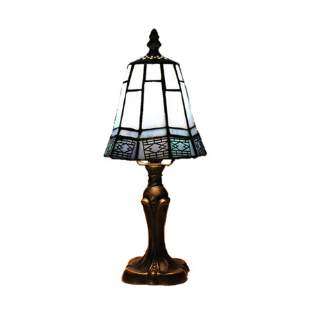 Mission Tiffany Cone Table Lighting Stained Glass 1 Head Standing Table Lamp in Beige/Blue for Bedroom