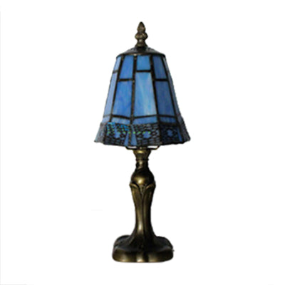 Mission Tiffany Cone Table Lighting Stained Glass 1 Head Standing Table Lamp in Beige/Blue for Bedroom