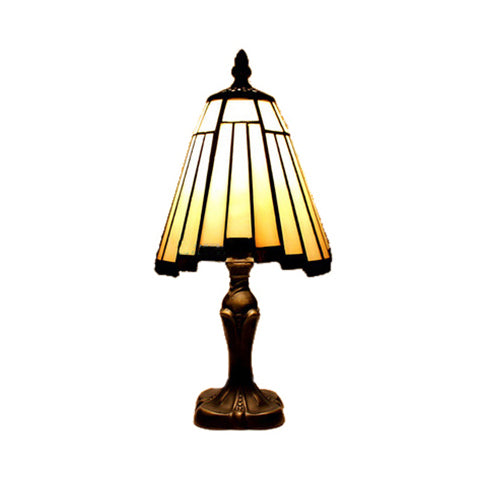Mission Tiffany Cone Table Lighting Stained Glass 1 Head Standing Table Lamp in Beige/Blue for Bedroom