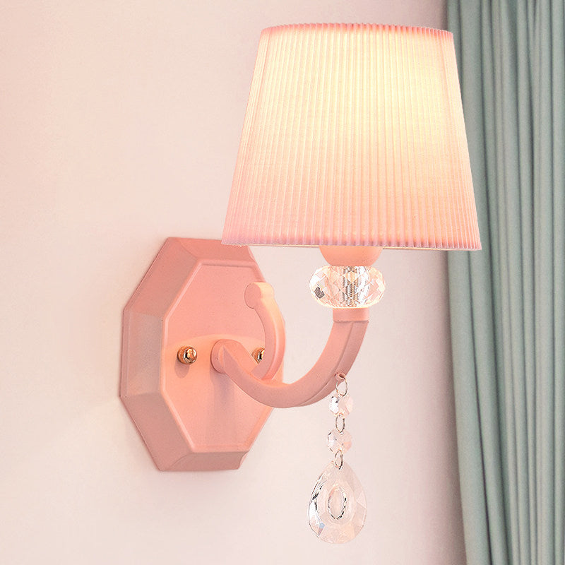 Fabric Fold Tapered Wall Lamp with Clear Crystal Girls Bedroom Kids Sconce Light in Pink Finish