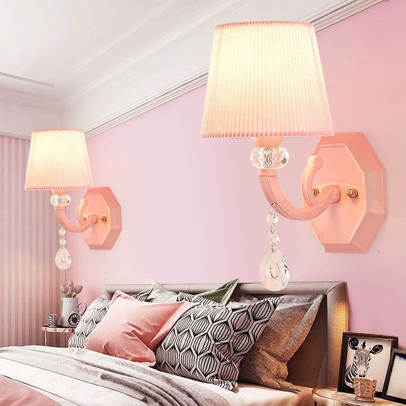 Fabric Fold Tapered Wall Lamp with Clear Crystal Girls Bedroom Kids Sconce Light in Pink Finish
