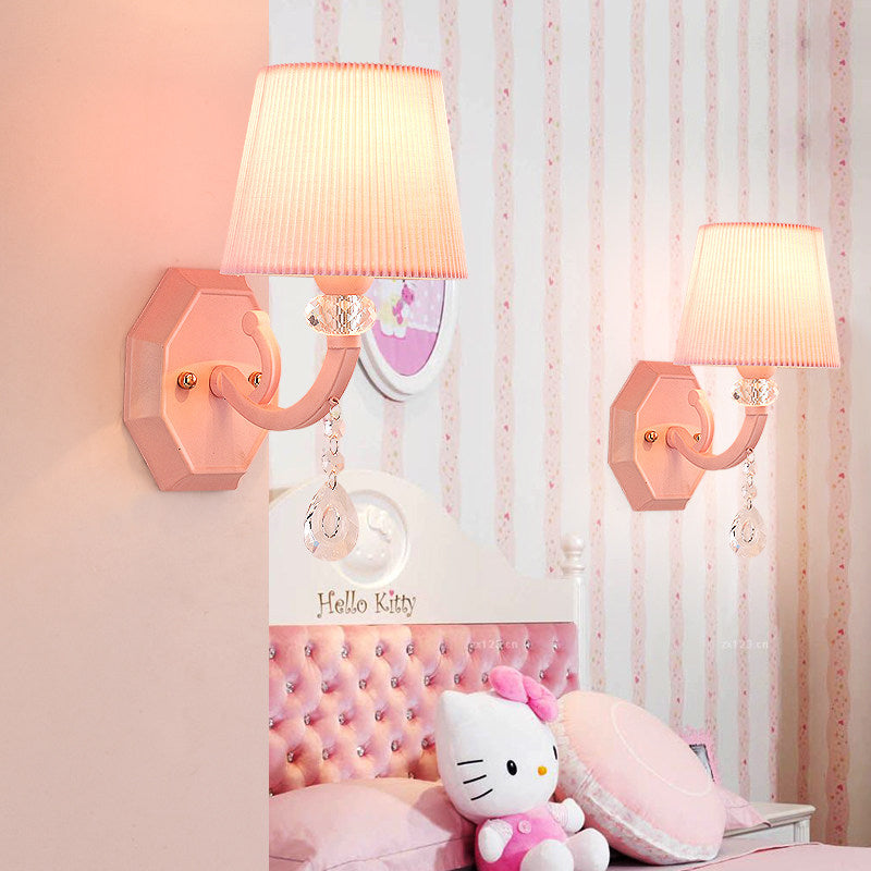 Fabric Fold Tapered Wall Lamp with Clear Crystal Girls Bedroom Kids Sconce Light in Pink Finish
