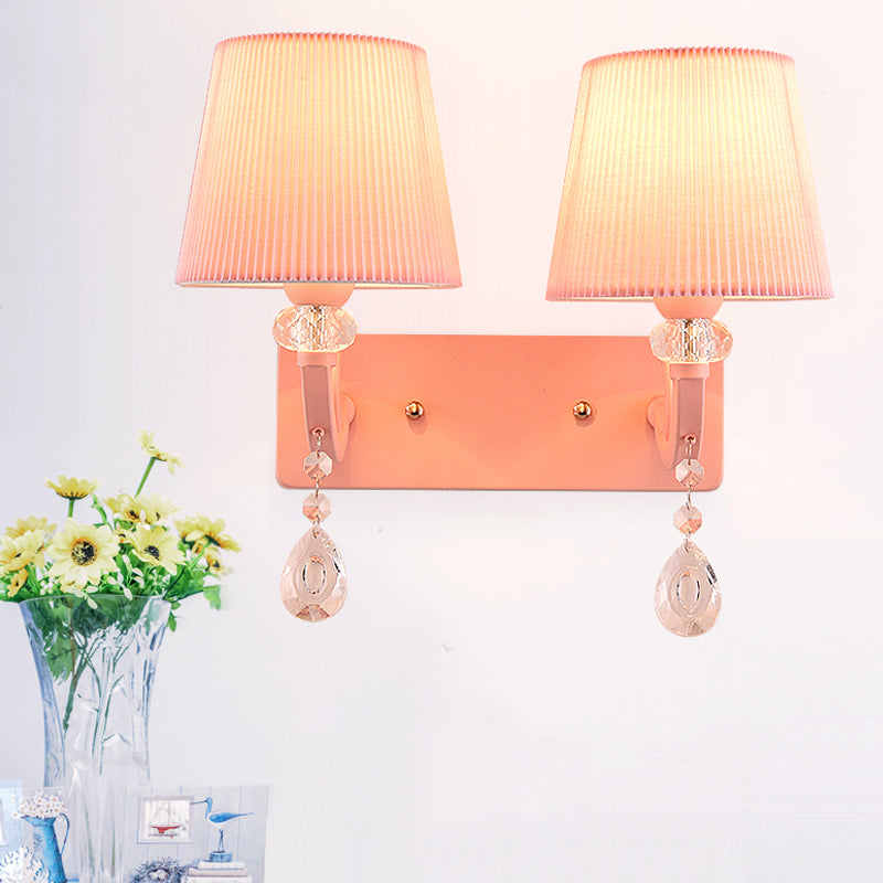 Fabric Fold Tapered Wall Lamp with Clear Crystal Girls Bedroom Kids Sconce Light in Pink Finish