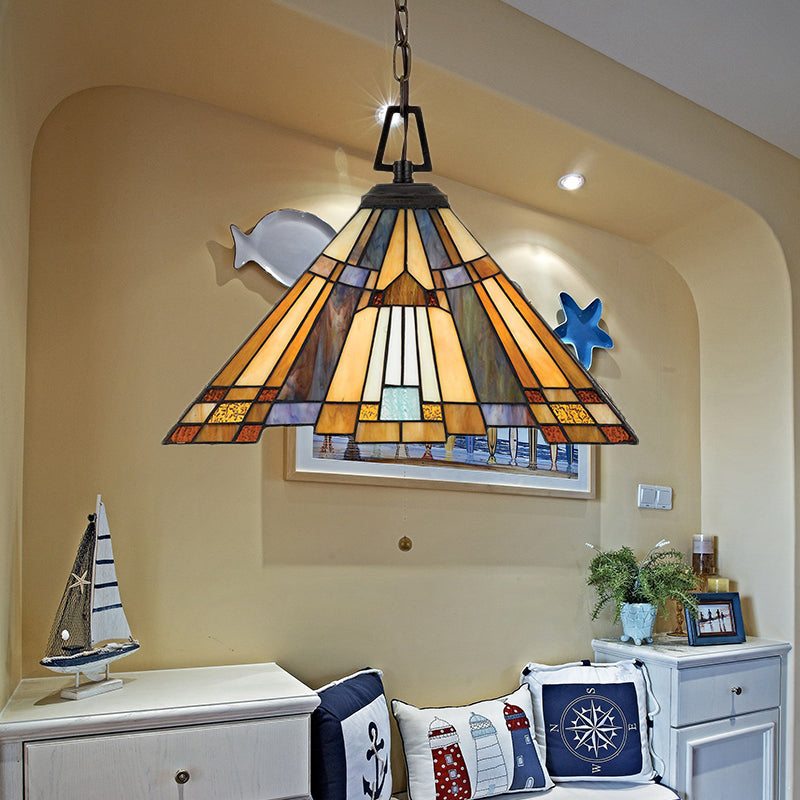 8"/12"/16" Wide Tapered Pendant Lighting Tiffany 1 Bulb Amber Stained Glass Pendant Lamp for Bedroom