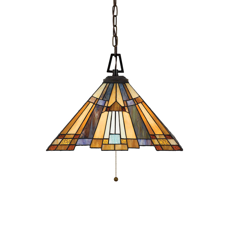 8"/12"/16" Wide Tapered Pendant Lighting Tiffany 1 Bulb Amber Stained Glass Pendant Lamp for Bedroom