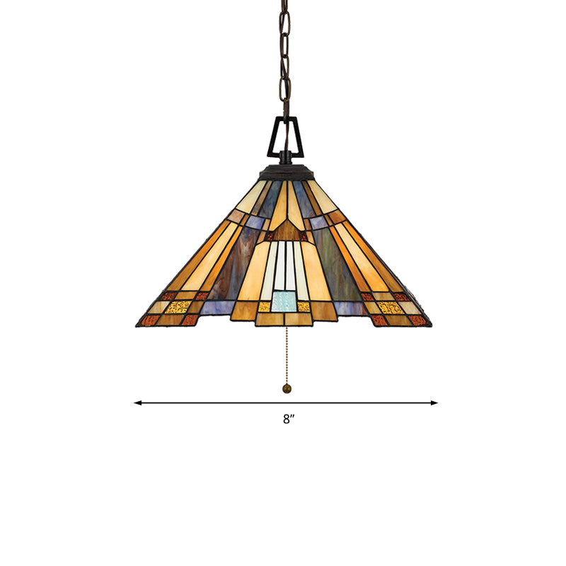 8"/12"/16" Wide Tapered Pendant Lighting Tiffany 1 Bulb Amber Stained Glass Pendant Lamp for Bedroom