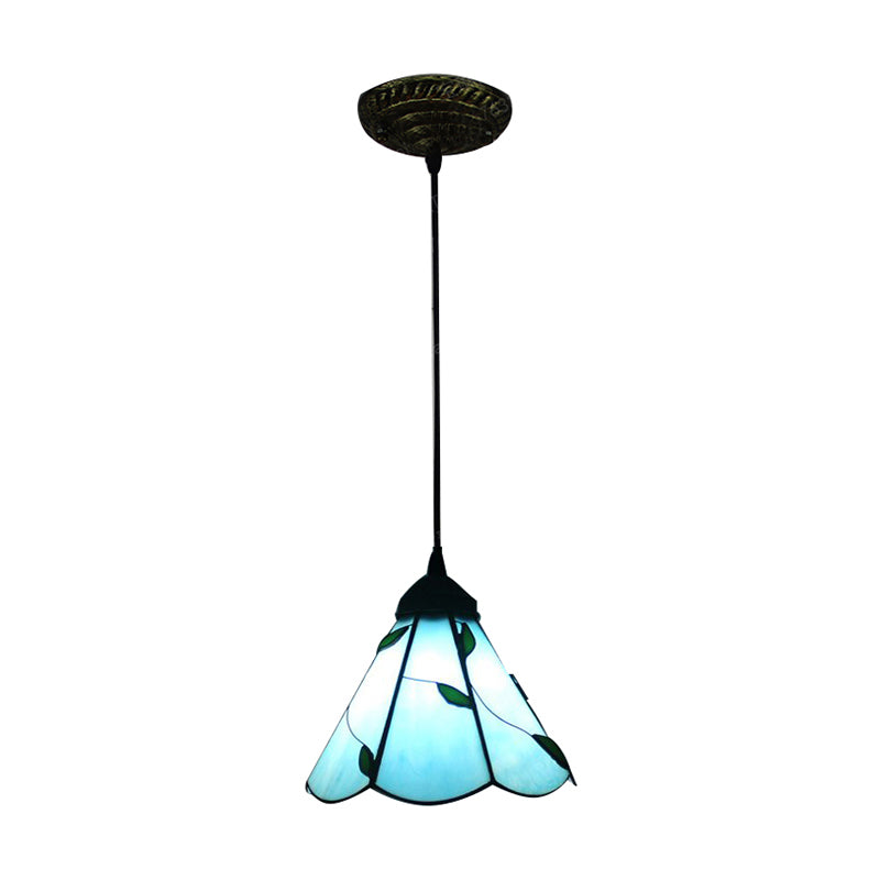 Stained Glass Blue/Beige Pendant Lamp Scalloped 3 Bulbs Tiffany Hanging Light Kit for Dining Room