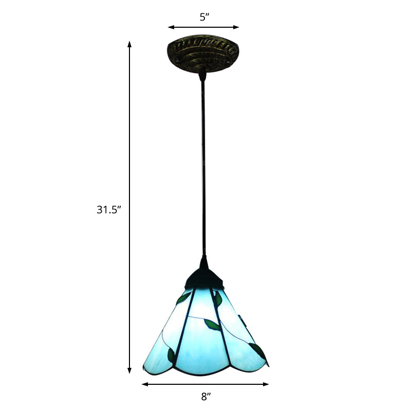Stained Glass Blue/Beige Pendant Lamp Scalloped 3 Bulbs Tiffany Hanging Light Kit for Dining Room