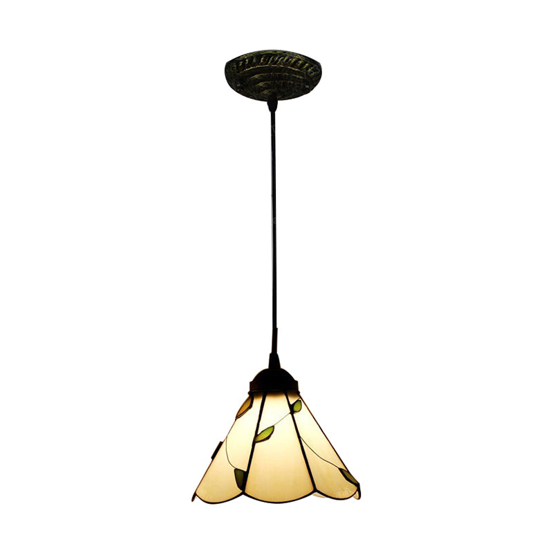 Stained Glass Blue/Beige Pendant Lamp Scalloped 3 Bulbs Tiffany Hanging Light Kit for Dining Room