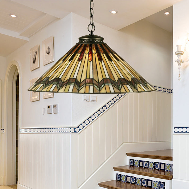 Conical Shape Hanging Lamp Kit Tiffany Hand Rolled Art Glass 1 Light Amber Suspended Lighting Fixture for Stair
