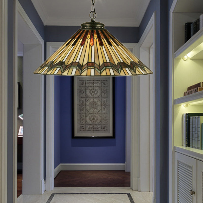 Conical Shape Hanging Lamp Kit Tiffany Hand Rolled Art Glass 1 Light Amber Suspended Lighting Fixture for Stair