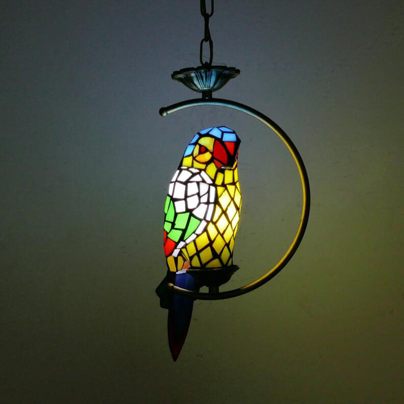 Blue/Green Parrot Suspension Pendant Light Tiffany Style 1 Light Stained Art Glass Ceiling Lamp for Bedroom