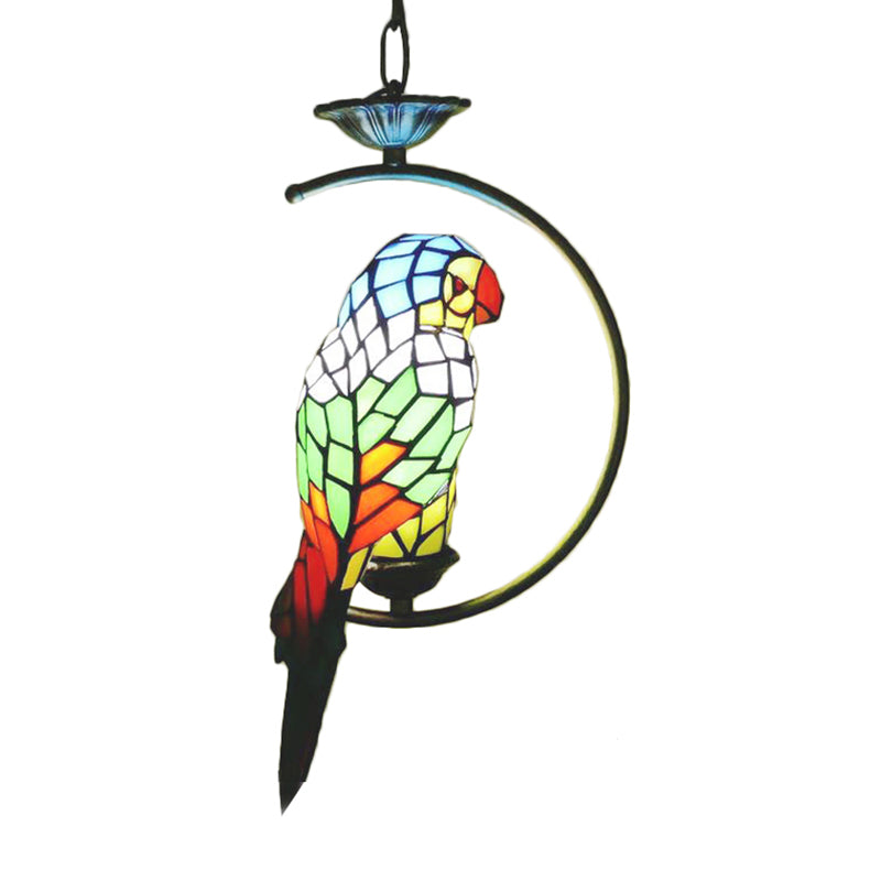 Blue/Green Parrot Suspension Pendant Light Tiffany Style 1 Light Stained Art Glass Ceiling Lamp for Bedroom