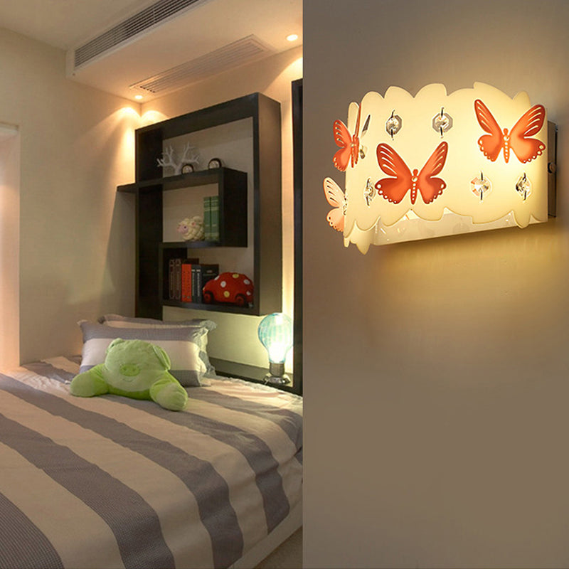 Girls Bedroom Wall Sconce with Etched Pink Butterfly Metal Romantic White Wall Lamp