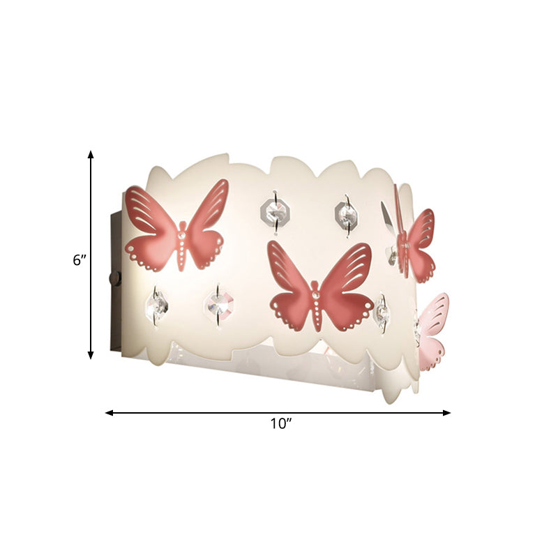 Girls Bedroom Wall Sconce with Etched Pink Butterfly Metal Romantic White Wall Lamp