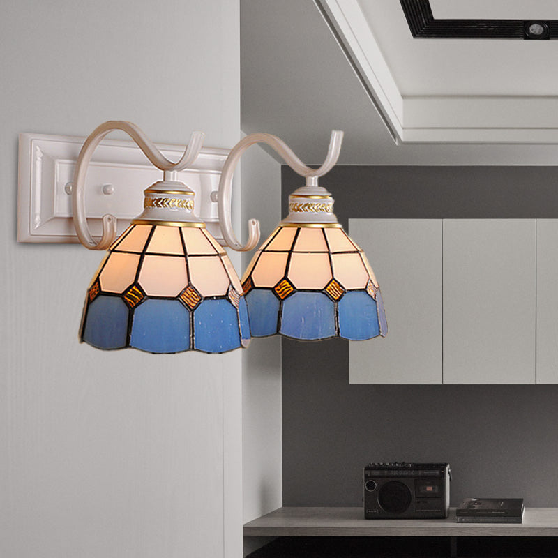 2 Lights Domed Wall Light Fixture Mediterranean Stained Glass Vanity Light in White/Black for Bathroom