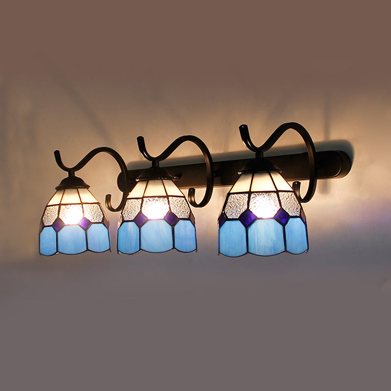 3 Light Dome Sconce Lighting Rustic Loft Stained Glass Wall Mount Light in Light Blue/Green/Clear/Orange Red/Royal Blue for Bathroom