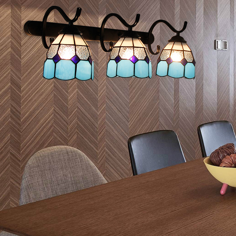 3 Light Dome Sconce Lighting Rustic Loft Stained Glass Wall Mount Light in Light Blue/Green/Clear/Orange Red/Royal Blue for Bathroom