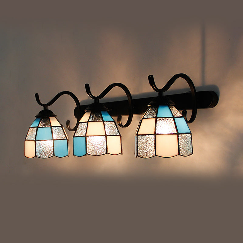 3 Light Dome Sconce Lighting Rustic Loft Stained Glass Wall Mount Light in Light Blue/Green/Clear/Orange Red/Royal Blue for Bathroom