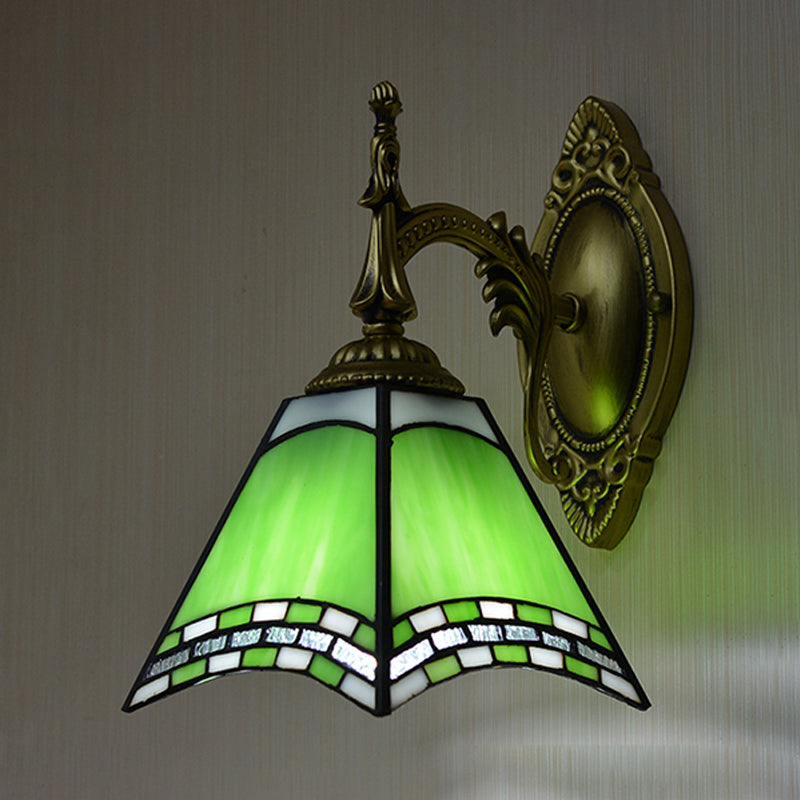 Tiffany Pyramid Sconce Lamp Stained Glass 1 Light Wall Lighting in Green/Blue/Yellow for Bedroom